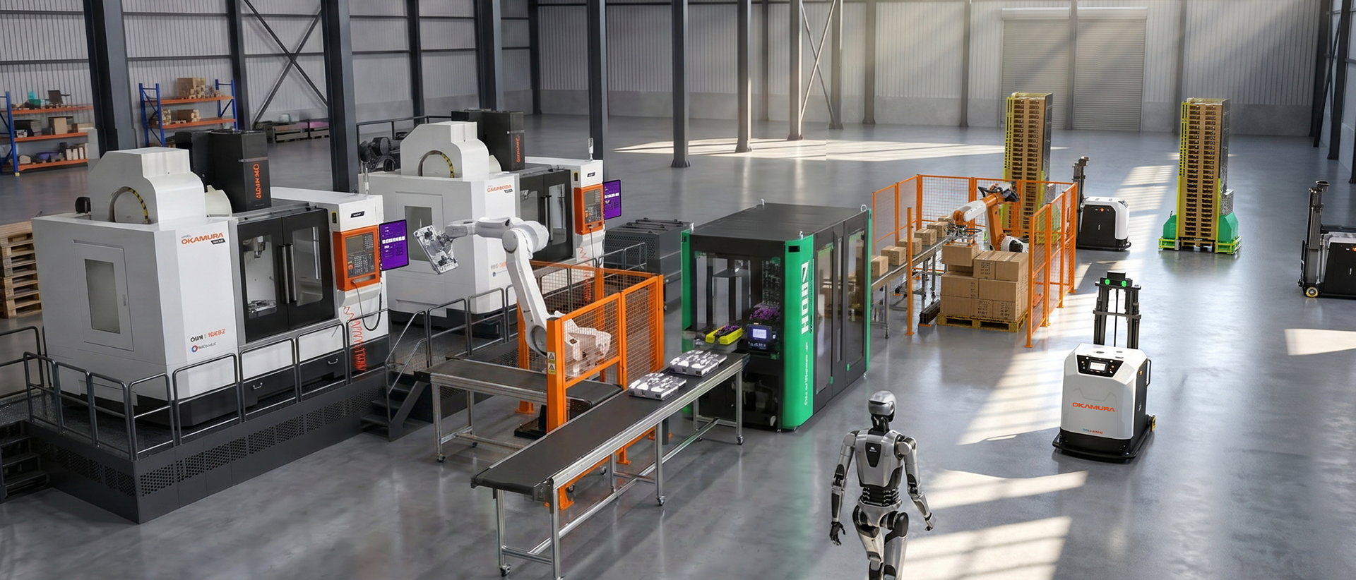 Célula automatizada Alltech com centros de usinagem Okamura, braço robótico, esteira, paletização e AMR